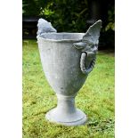 Zinc garden amphora with mask handles and decoration trees, h. 70cm