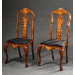 Pair of baroque chairs with elaborately inlaid frames "flower basket and vase with bird" on curved 