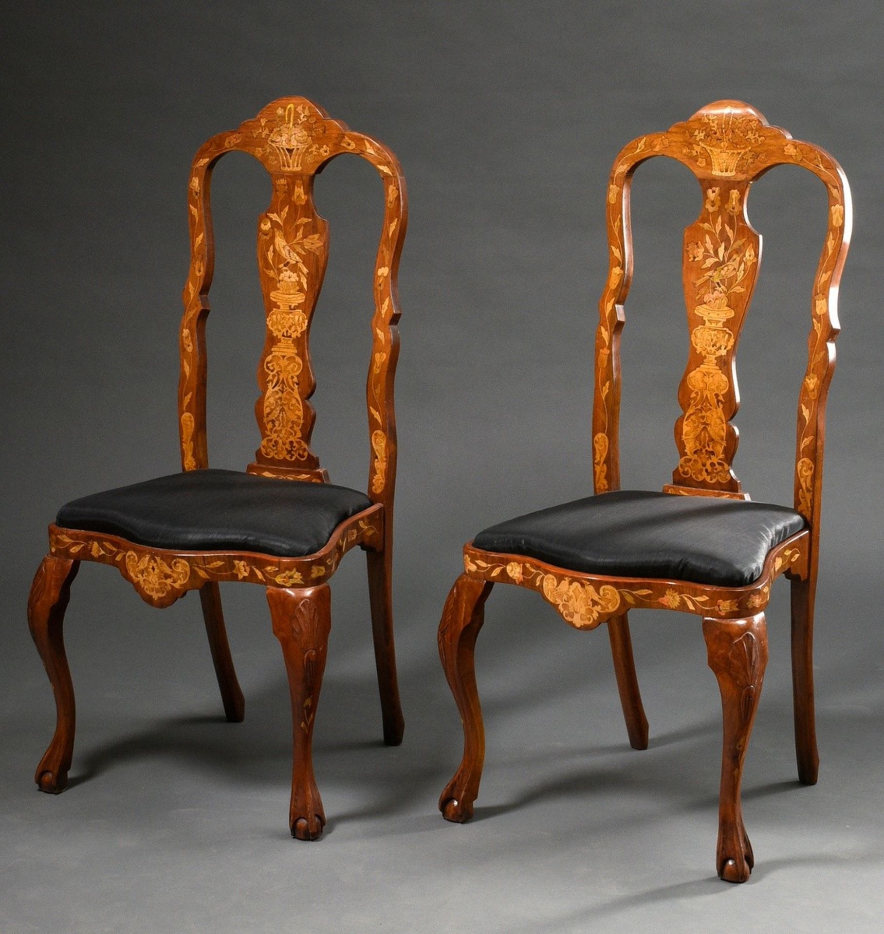 Pair of baroque chairs with elaborately inlaid frames "flower basket and vase with bird" on curved 