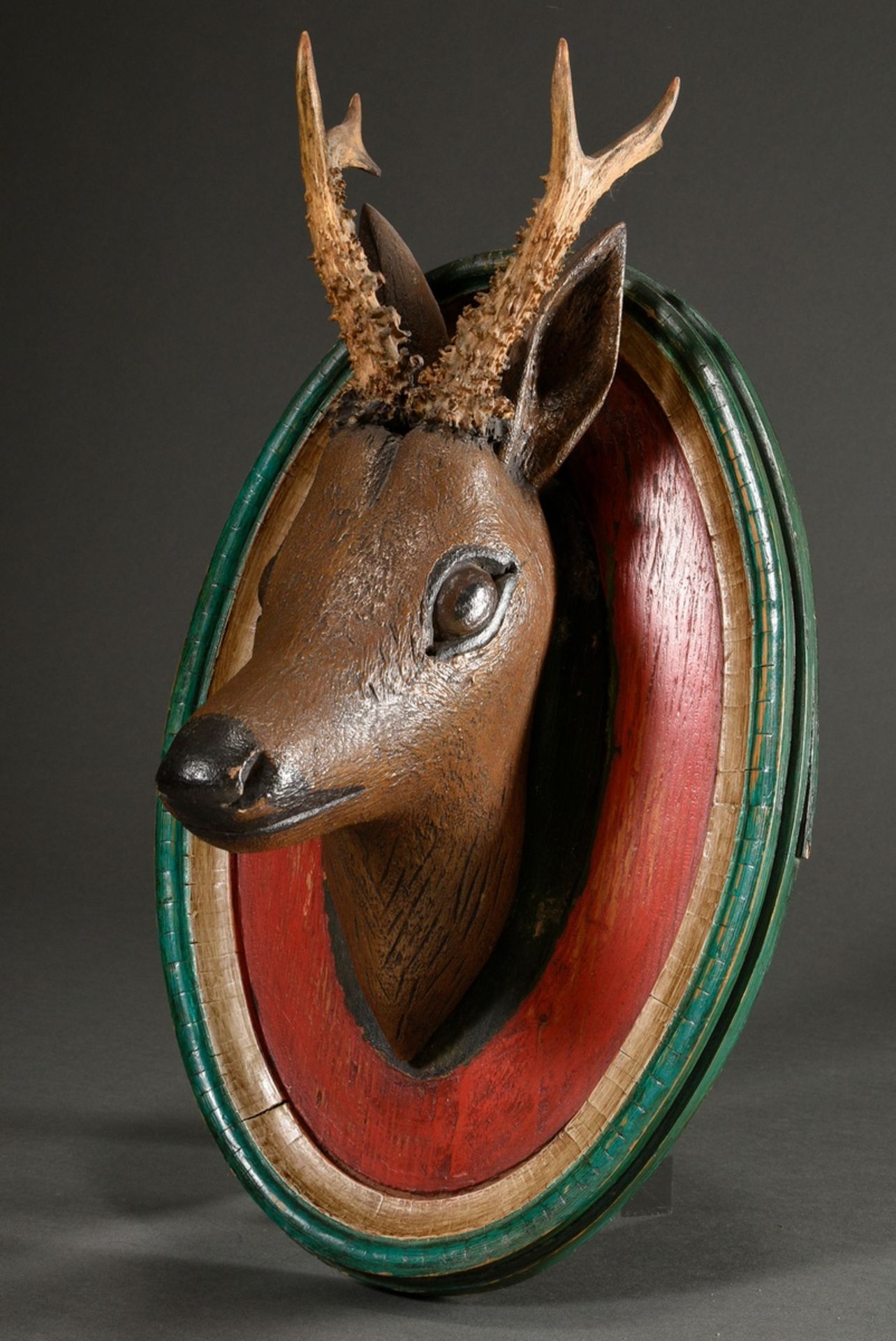 Hunting trophy ‘Deer head with real horns’, German mid-19th century, carved and coloured wood, 41x2 - Image 5 of 5