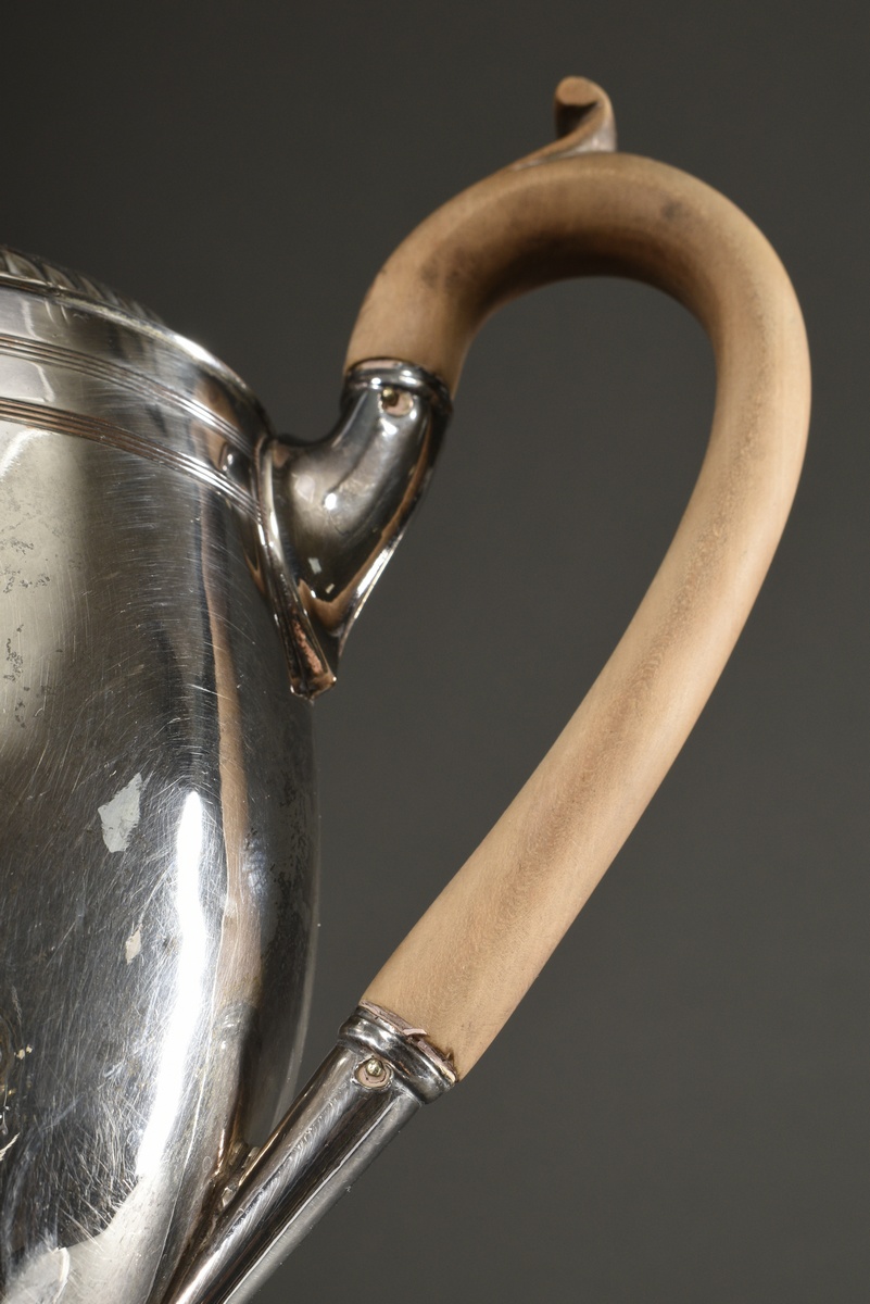 Oval silver-plated coffee pot with grooved shoulder and striped frieze on a high foot with light br - Image 3 of 6