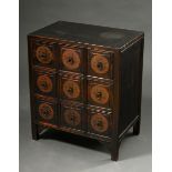 Chinese apothecary cabinet with 9 labelled drawers and fittings, dark painted, China around 1900, 7