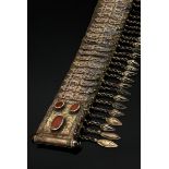 Tekke Turkmen men's belt made of leather with silver applications, fire-gilt clasps with 3 carnelia