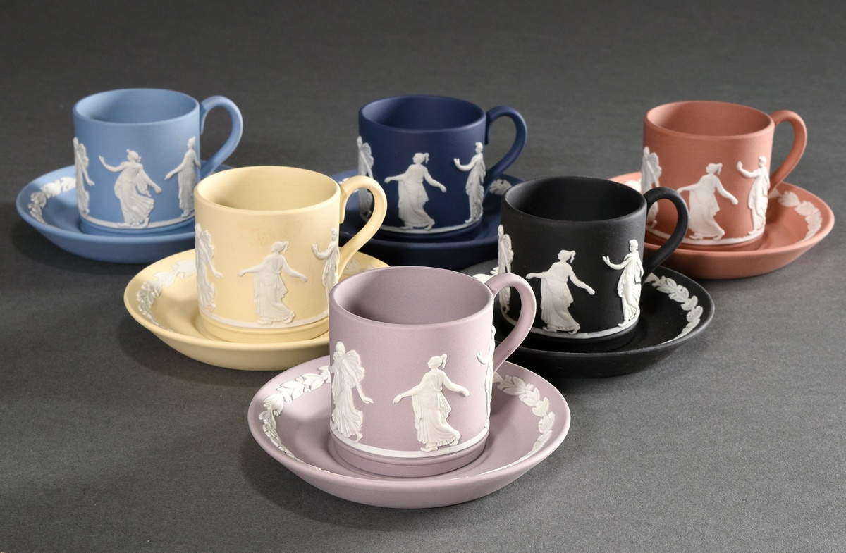 6 Wedgwood Jasperware demitasse cups/ saucers with classic bisque porcelain reliefs on varying colo