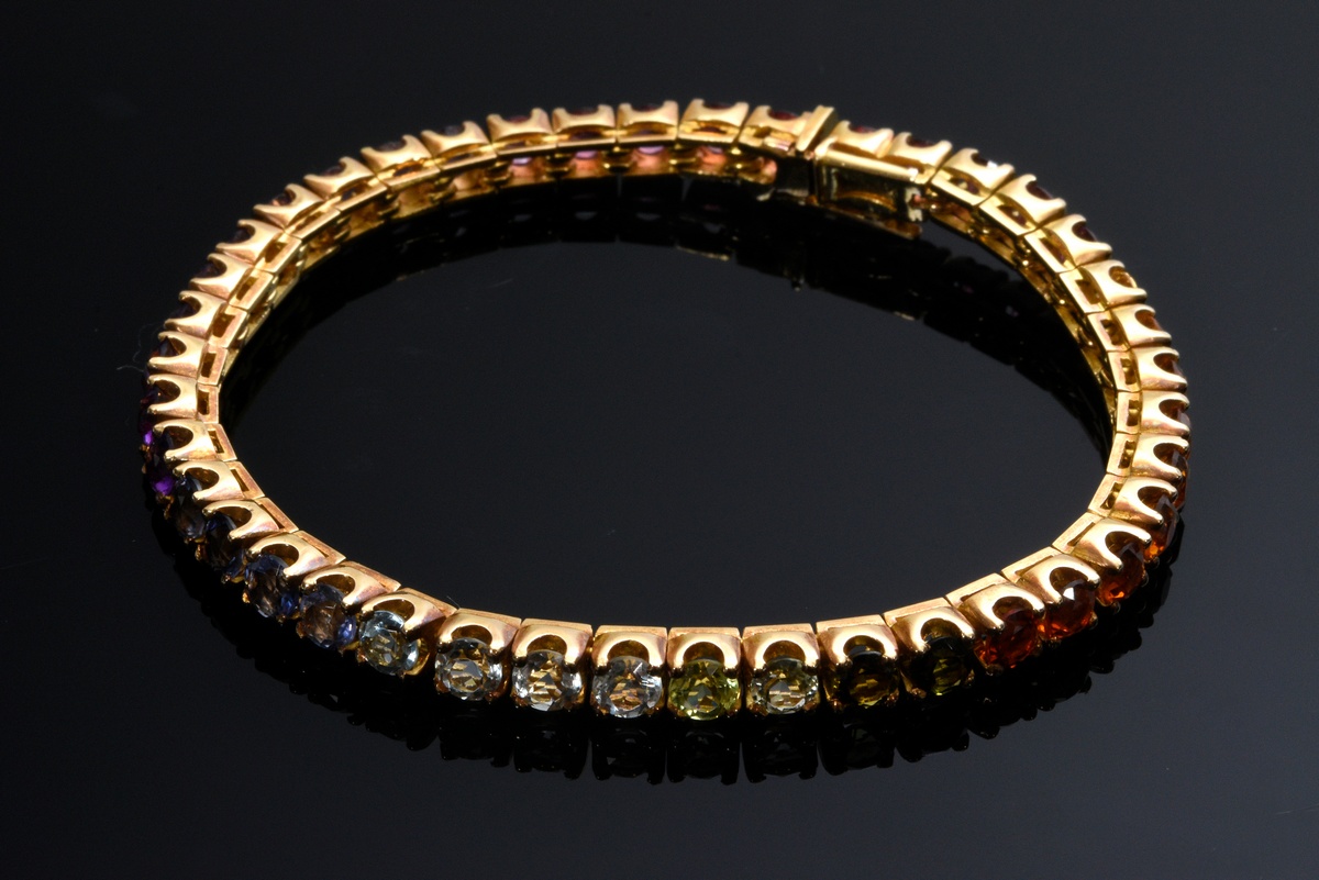 Modern yellow gold 800 rainbow rivière or tennis bracelet with amethysts, topazes, tourmalines, per - Image 2 of 4
