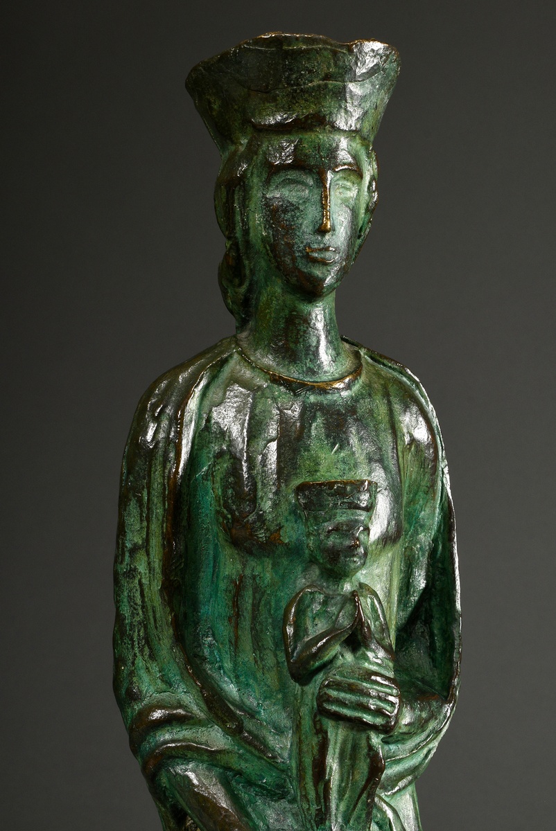 Figure of the Virgin and Child, green patinated bronze, base sign. Barnes (?), 20th century, h. 48c - Image 2 of 7