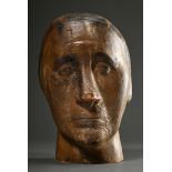 Large carved head "Old woman", wood with remnants of coloured paint, around 1920, 28x20x18cm, sligh