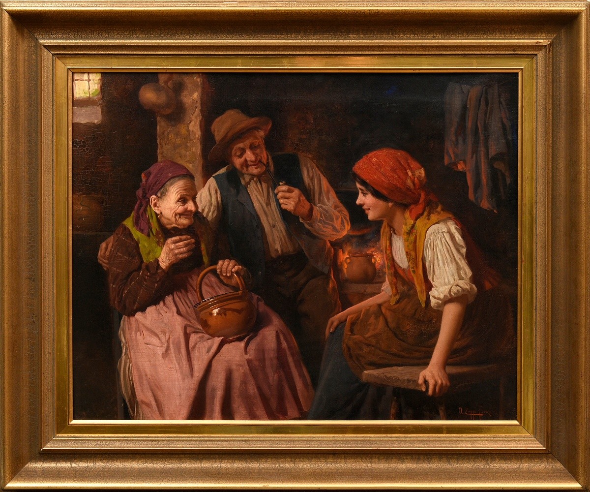 Zoppi, Antonio (1860-1926) "Die Unterhaltung am Herdfeuer", Öl/Leinwand, u.r. sign./bez., verso auf - Bild 2 aus 11