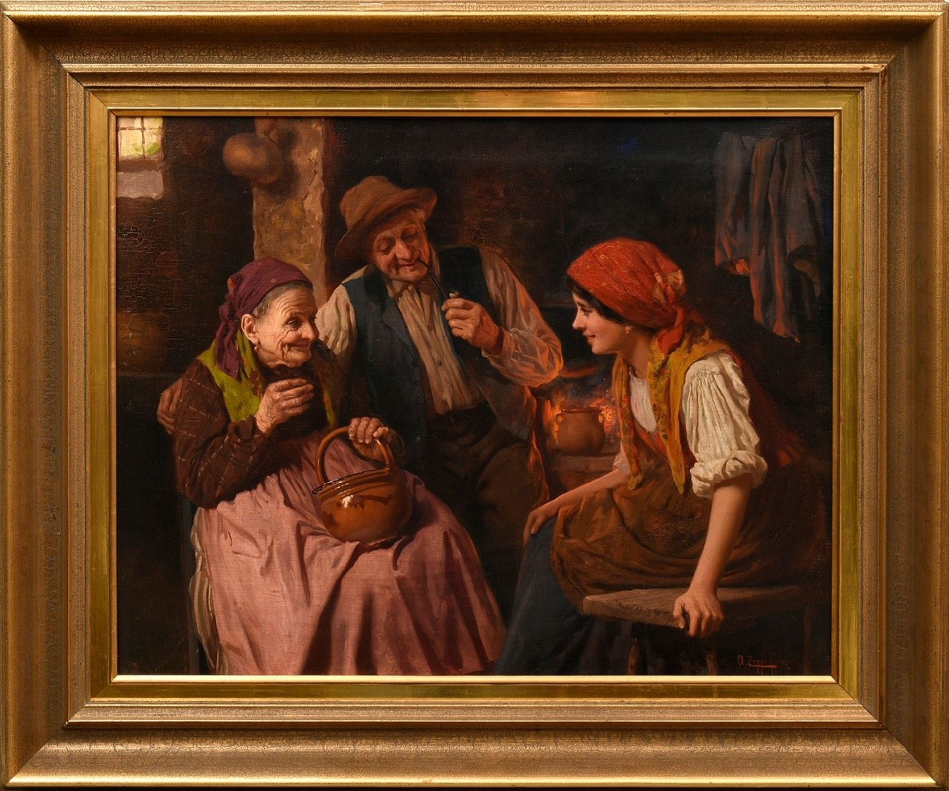 Zoppi, Antonio (1860-1926) "Conversation at the hearth", oil/canvas, sign./inscr. lower right, vers - Image 2 of 11