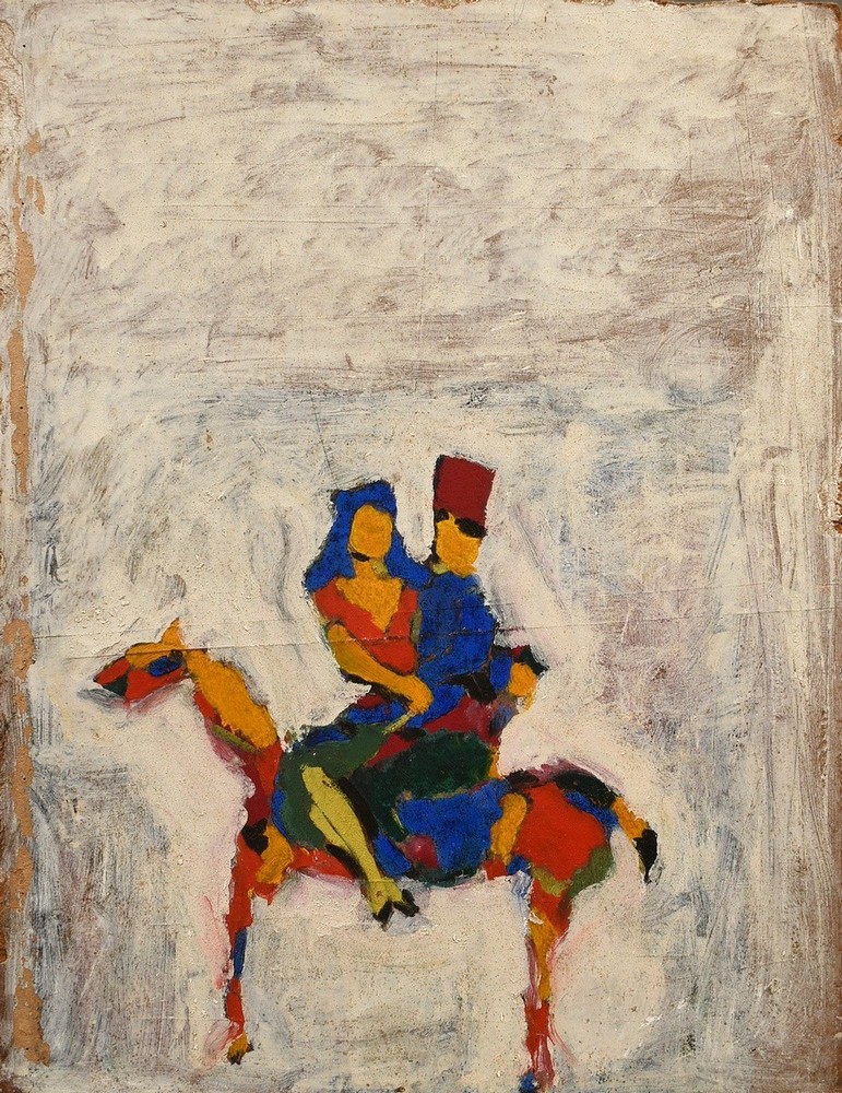 Lübbers, Peter (1934-1982) "Flower still life with jug", verso "Rider with woman on horse", oil/pan - Image 2 of 2