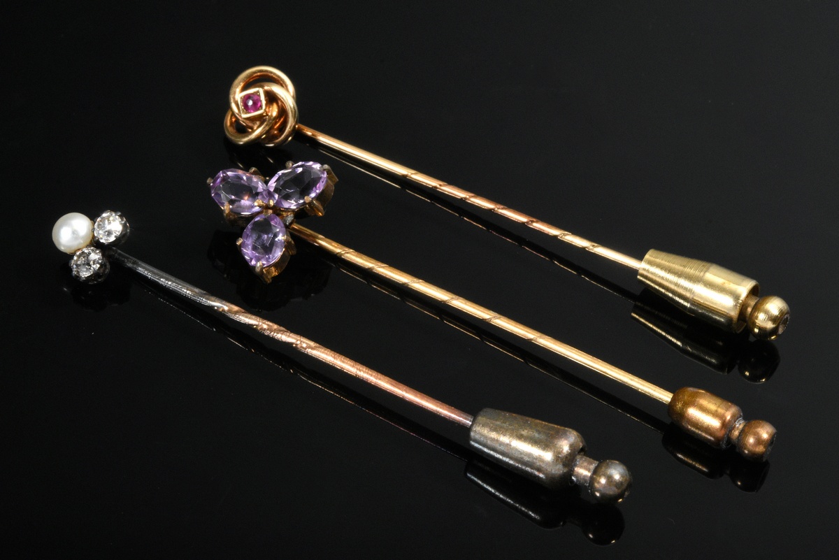 3 Various tie pins: 1 gold-plated pin with amethyst (Ø11mm) and 2 yellow gold 585 pins: 1 knot pin  - Image 2 of 3