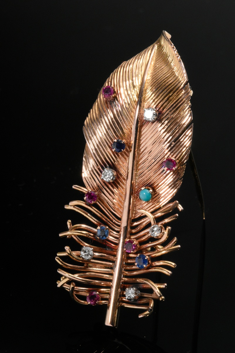 Midcentury rose gold 585 needle in feather shape with brilliant-cut diamonds (total approx. 0.35ct/ - Image 2 of 3