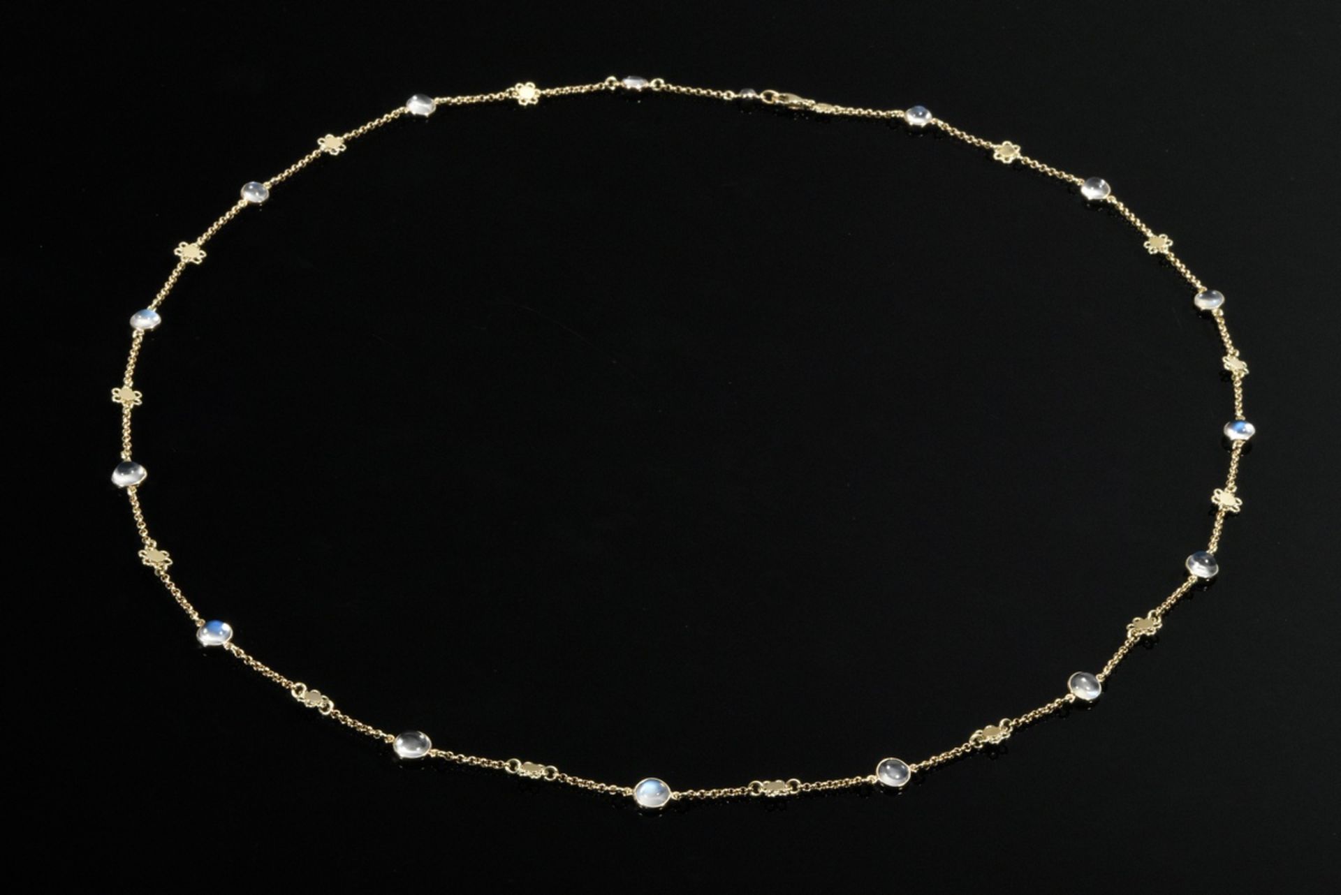 Lange Gelbgold 585 Kette mit Mondsteincabochons und Blütenelementen, 18,1g, L. 83cm