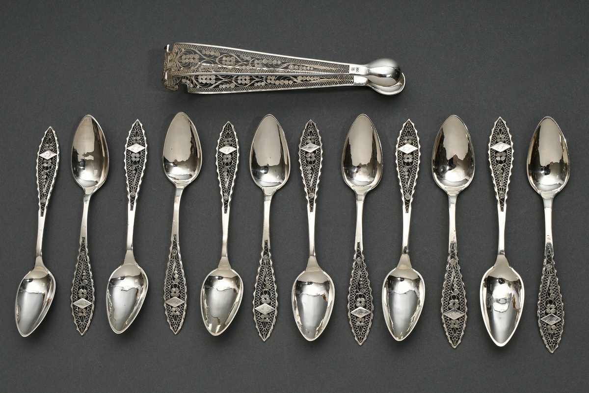 13 pieces filigree cutlery in Empire form with applied diamond cartouche and monogram ‘M.B.’, silve - Image 2 of 9