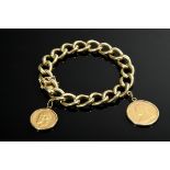 Yellow gold 585 link bracelet with 2 coin pendants: yellow gold 916 "1 Pound Sterling, Sovereign" (