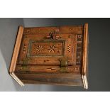 Small oak wall cupboard with inlaid decorations "stars, flowers and chequerboard pattern" as well a