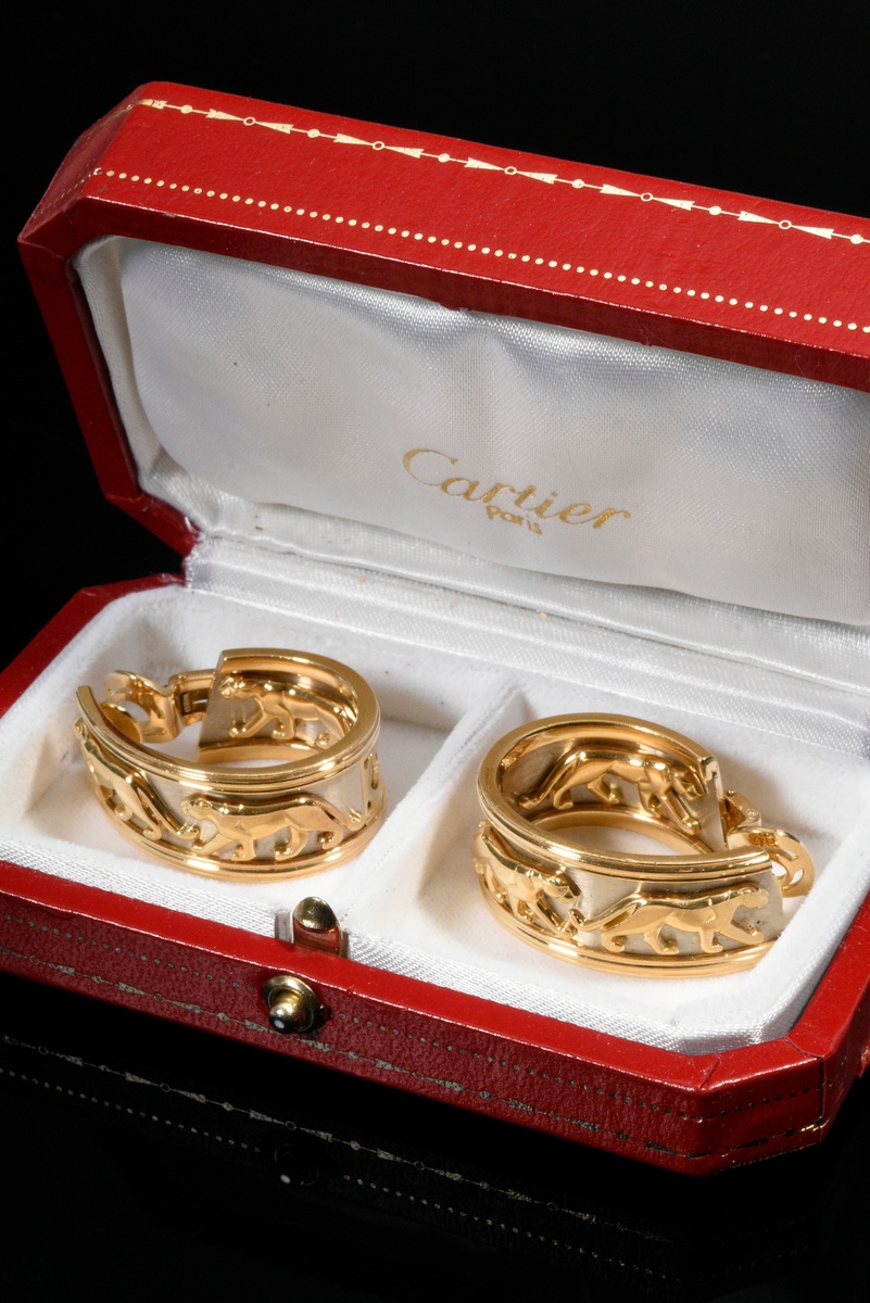 Pair of Cartier bicolor gold 750 hoop earrings "Walking Panther" with clip prism, signed and number - Image 3 of 4