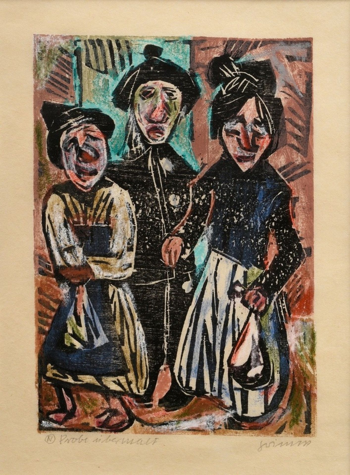 Grimm, Wilhelm (1904-1986) "Rummelpott Szene", übermalter Holzschnitt, u. sign./bez., PM 23x16cm (m
