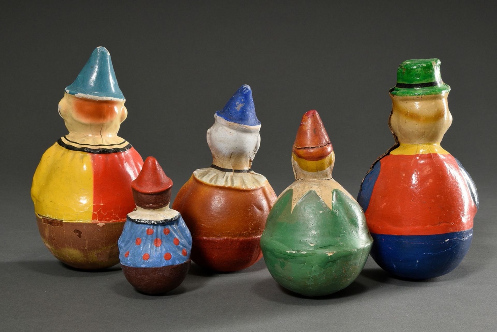5 Various "Stand-up clowns", papier-mâché painted and sprayed in colour, h. 12-22cm, heavily used,  - Image 2 of 5