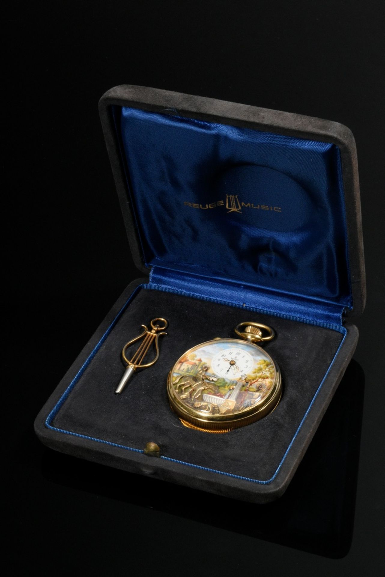 Reuge music pocket watch with alarm clock, music box and figurine automaton in silver-gilt case wit - Image 10 of 10