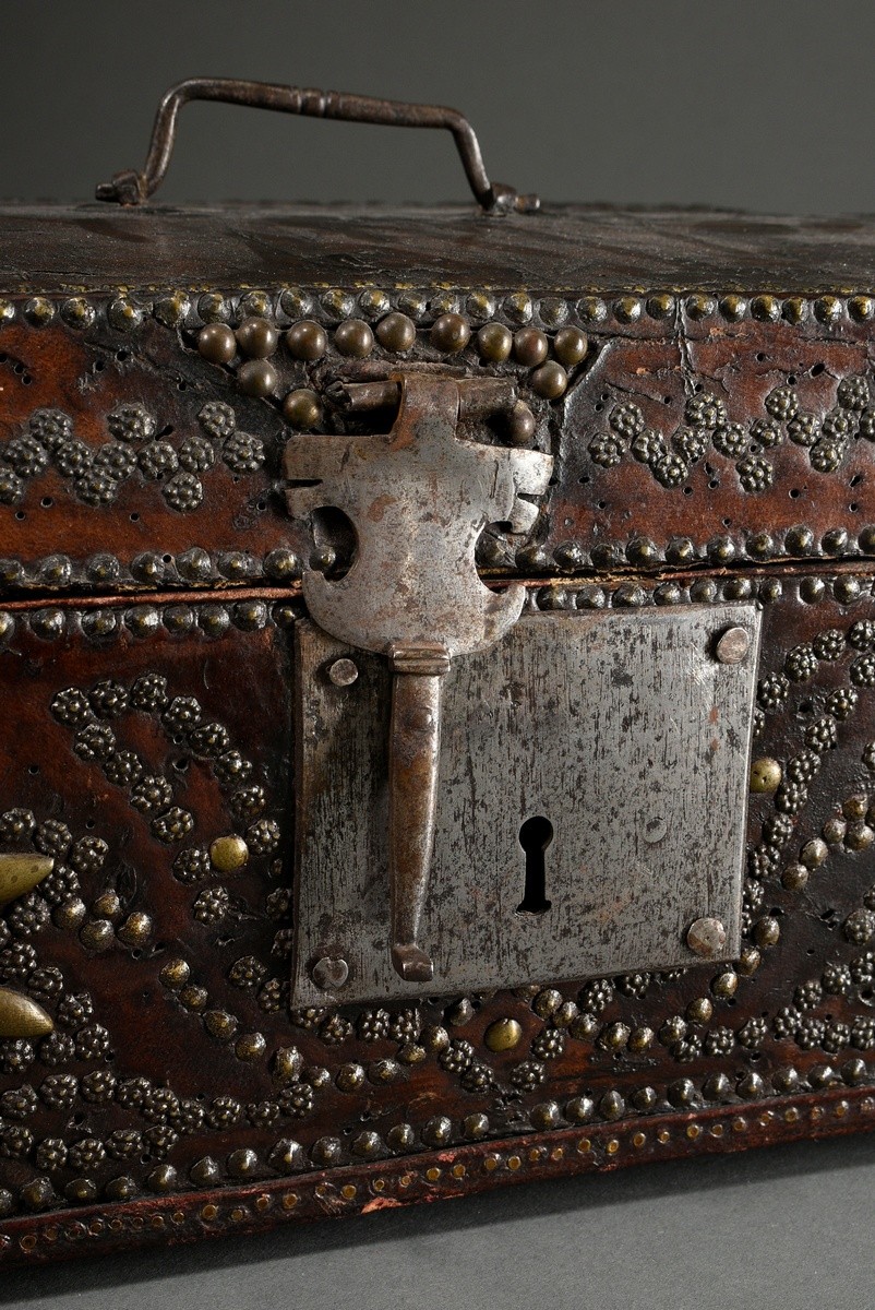 Antique leather casket with nailed decoration on the body and steel fittings, inside florally hallm - Image 2 of 14