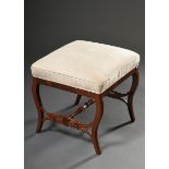 Biedermeier mahogany stool with abstract swan frame and bar connection and white upholstery, mid-19