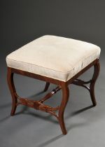 Biedermeier mahogany stool with abstract swan frame and bar connection and white upholstery, mid-19