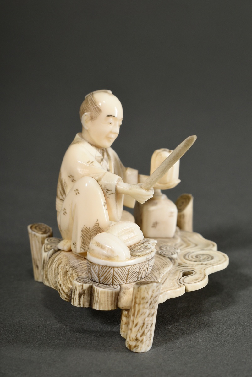 Ivory okimono ‘Chinese sage with moon lute accompanied by two drumming oni’, partially coloured bla - Image 2 of 9