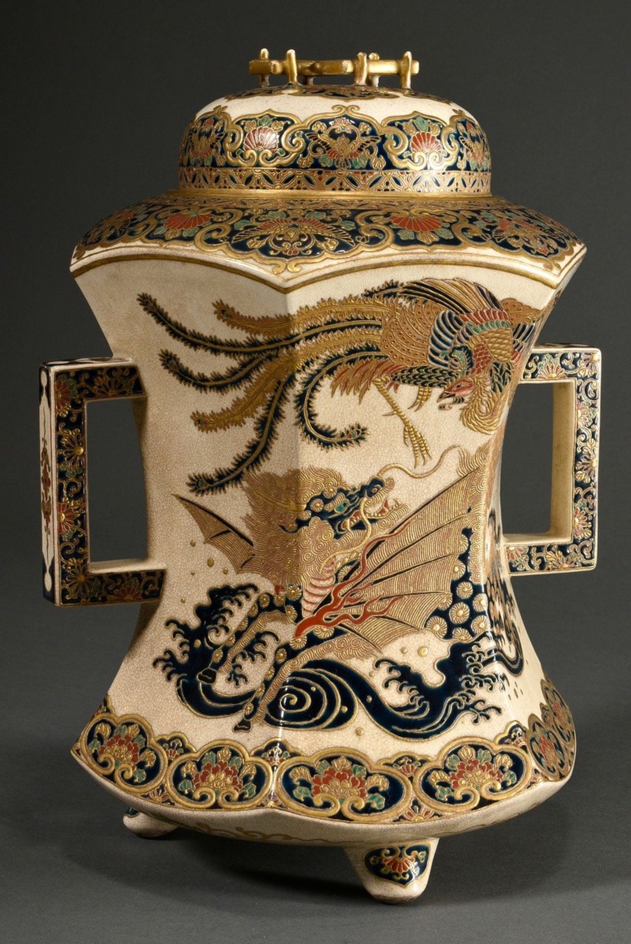 Japanese satsuma lidded vessel with polychrome decoration "Dragon and Dragon Turtle" and handles to - Image 2 of 10