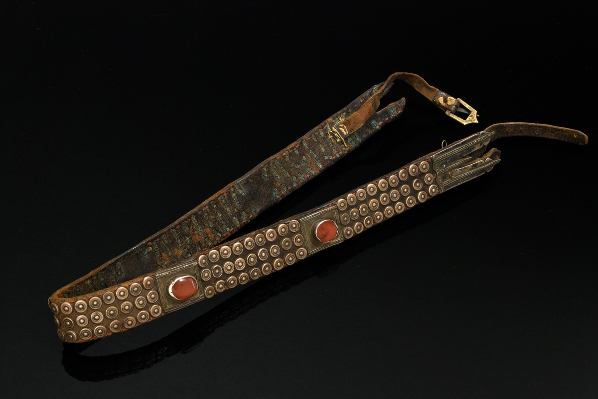 Tekke Turkmen horse necklace, leather band with circular silver rivets and rectangular carnelian-se