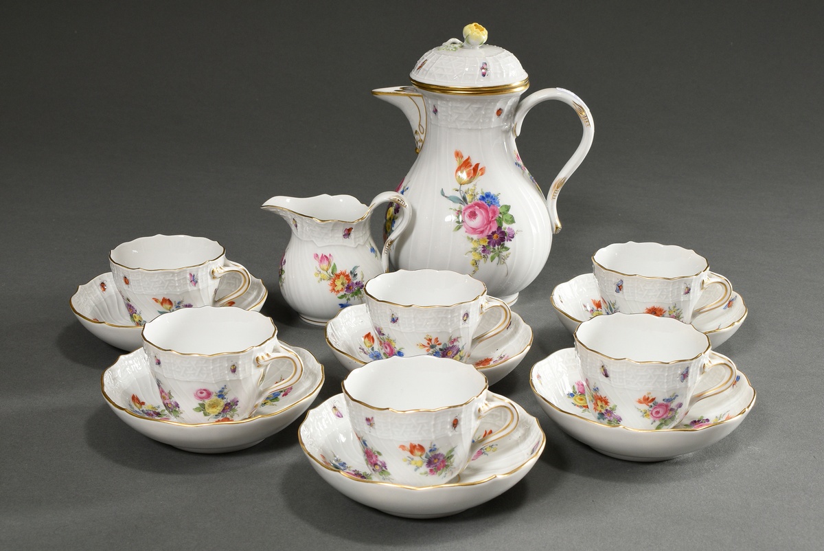 8 Pieces Meissen mocha service for 6 people, Brandenstein relief with polychrome flower painting, c - Image 2 of 7