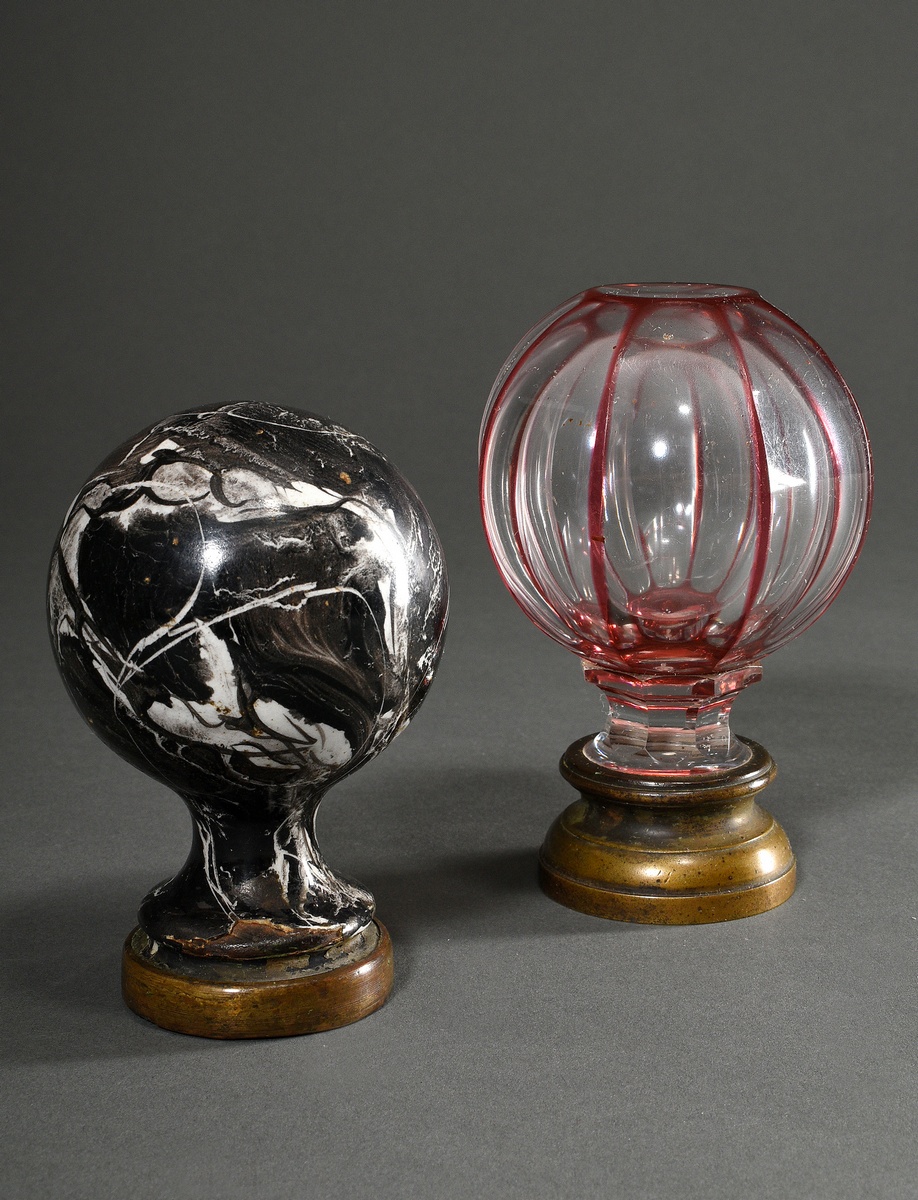 2 Various railing knobs with brass mountings: 1 large faceted flashed glass with rosalin and 1 marb