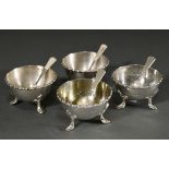 4 English salt cellars with beaded rim on leaf feet, enclosed 4 spoons, MM: Harrison Brothers & How