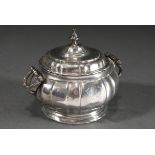 Pewter lidded bowl with straight lines and side handles, monogram ‘AF’ in foliage wreath, town mark