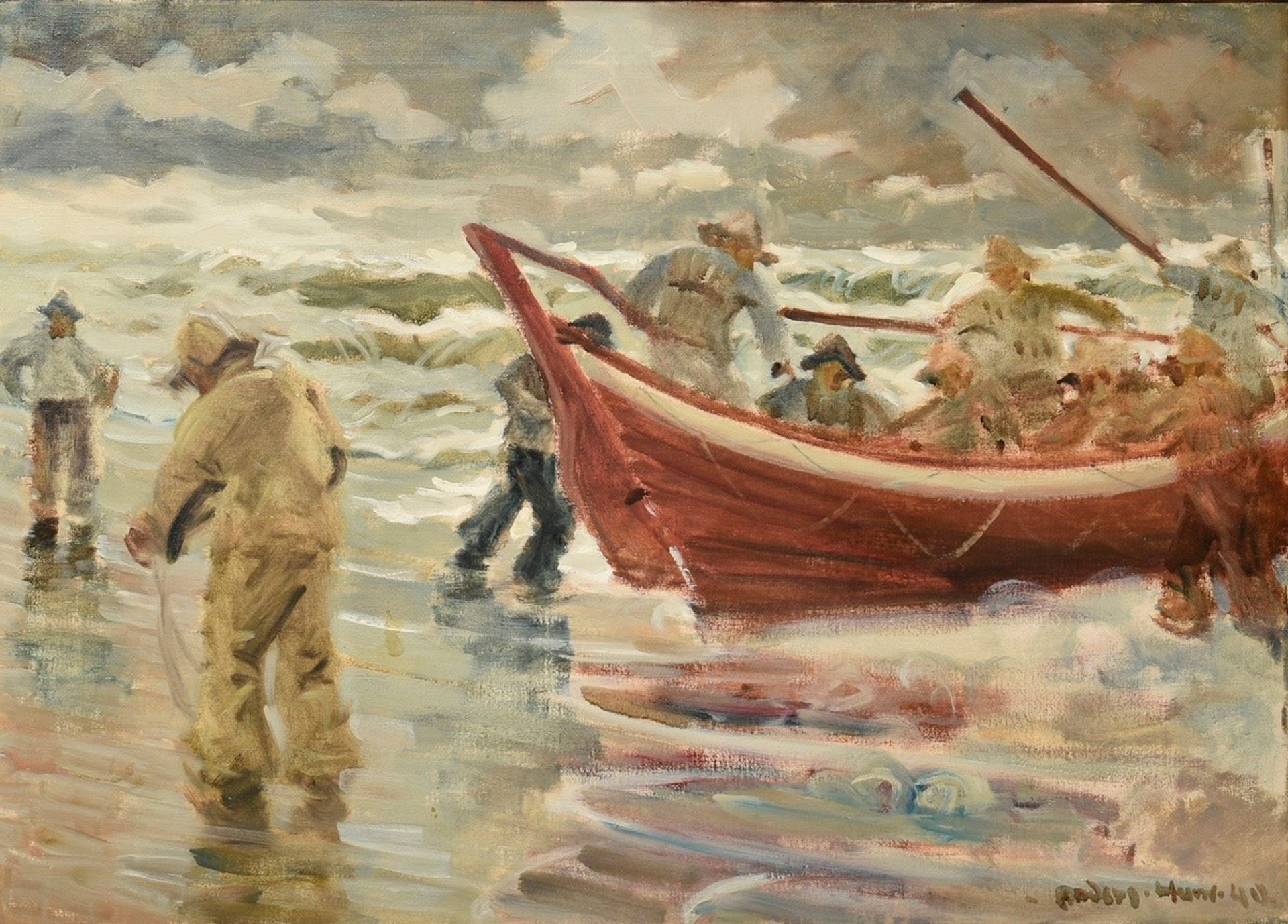 Hune, Anders (1894-1968) "Redningsbanden gør ud" (Rettungsmannschaft fährt raus) 1940, Öl/Leinwand,