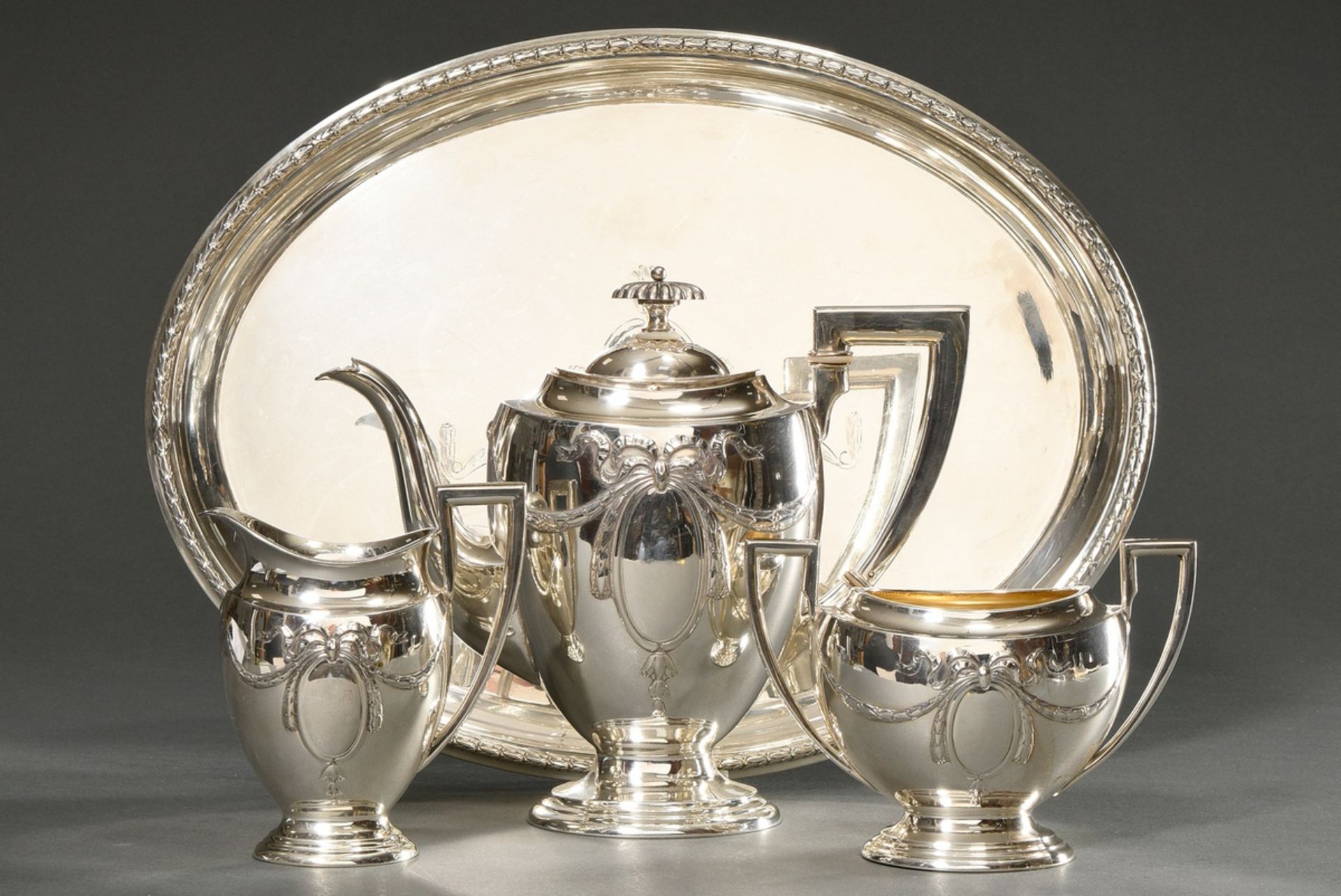 4 Pieces Wilhelminian coffee service with semi-sculptural wreath motifs on the wall, Wilhelm Theodo - Image 2 of 9