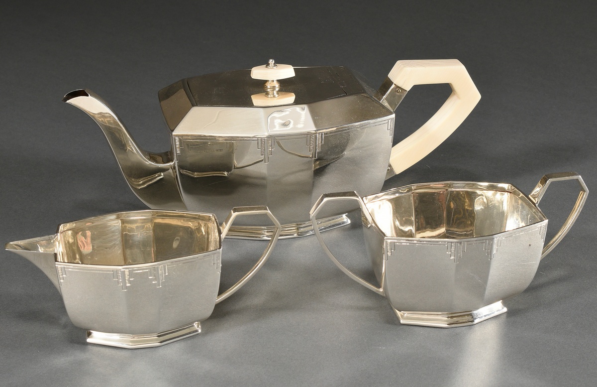 3 Piece Art Deco tea set in geometric abstract form: Pot with ivory knob and handle and 2 parts sug