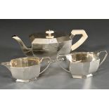 3 Piece Art Deco tea set in geometric abstract form: Pot with ivory knob and handle and 2 parts sug