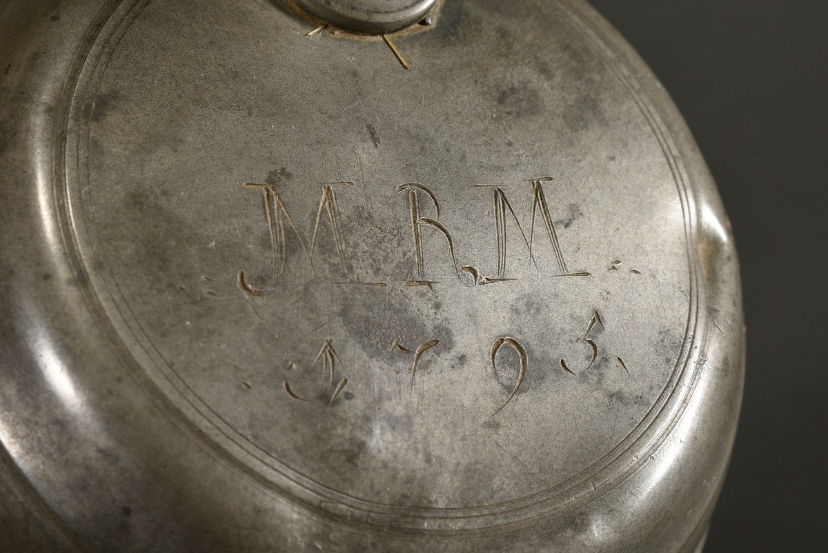 Pewter tankard in cylindrical form with wide flared base, domed hinged lid with spherical thumb res - Image 5 of 9