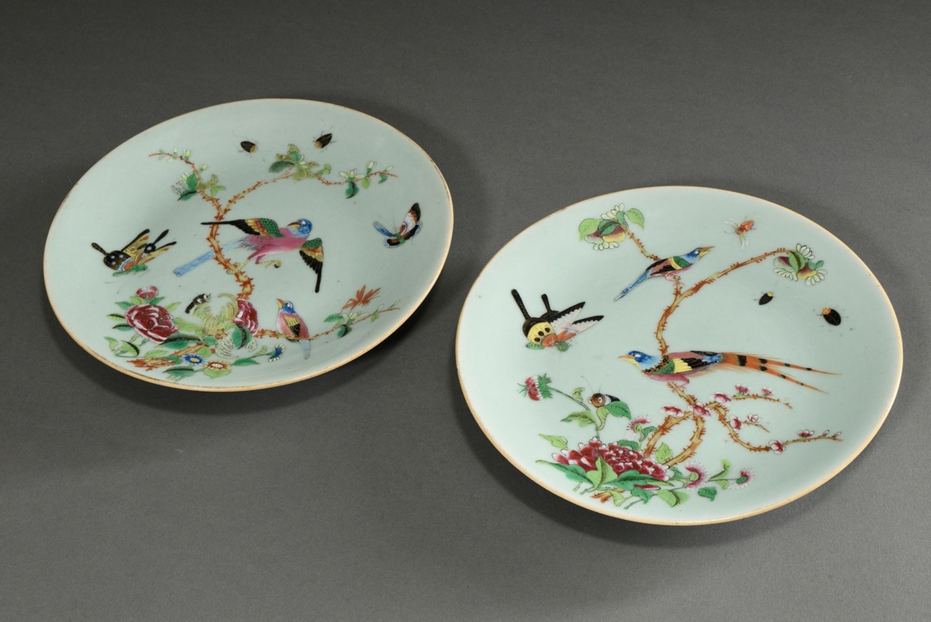 Pair of porcelain plates with polychrome enamel painting "Birds and Butterflies" on a delicate cela - Image 4 of 8