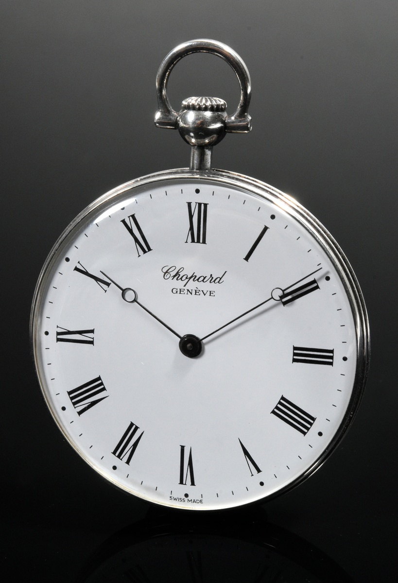 Chopard silver 800 Tail watch, hand-wound with fluted coin edge, white enamel dial, Roman numerals 