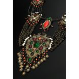 Uzbek necklace of 7 plates richly set with multi-colored glass stones, turquoise and coral, each co