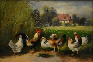 Schönian, Alfred (1856-1936) "Courtyard with cock and hens", oil/wood, sign./inscr. lower left, 17.