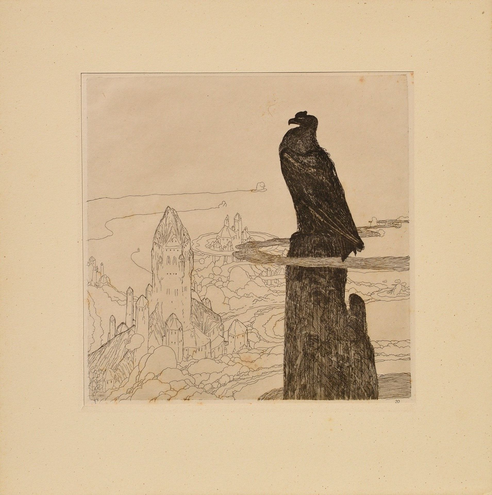 Hablik, Wenzel August (1881-1934) "Adler über der Stadt" 1909, Radierung, aus Mappe: "Schaffende Kr - Bild 2 aus 2