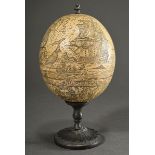 Engraved resin ostrich egg in scrimshaw style ‘Whaling scenes and mascarons’ on cast metal base aft