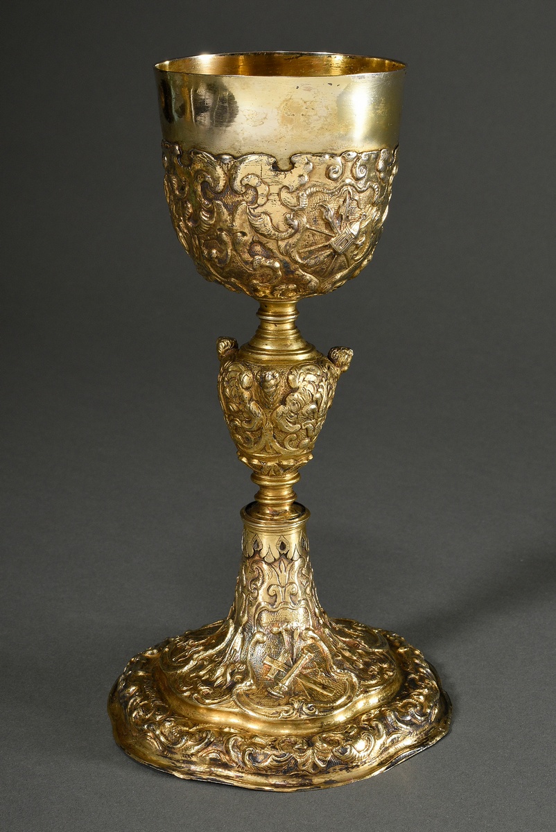 A Baroque communion chalice on a six-panelled foot with rich cartouche relief and 3 amorphous carto