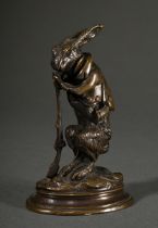 Cain, Auguste Nicolas (1821-1894) "Hase in Jägermontur auf Gewehr gestützt" auf ovaler Plinthe, Bro