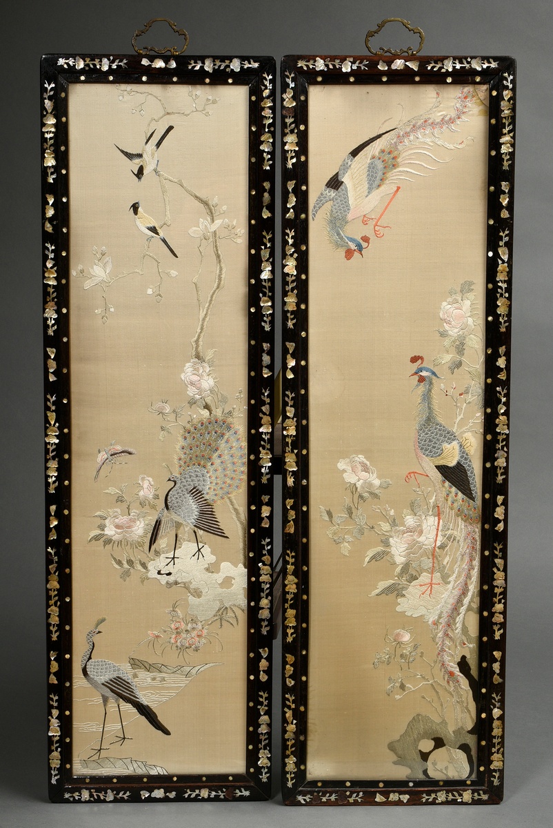 Pair of silk flat embroideries "Peacocks" and "Phoenixes" in mother-of-pearl covered blackwood fram