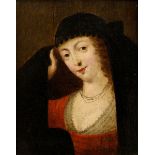 Unknown artist of the 17th c. "Lady lifting a veil", oil/wood, verso inscr., probably after Frans P