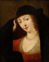 Unknown artist of the 17th c. "Lady lifting a veil", oil/wood, verso inscr., probably after Frans P
